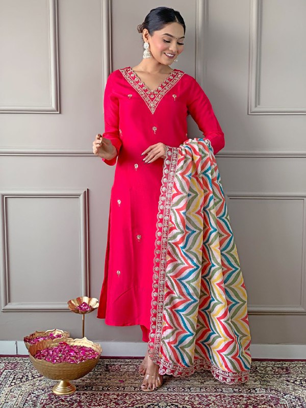 Colorful Duppata And V Neck Beautiful Kurta Set