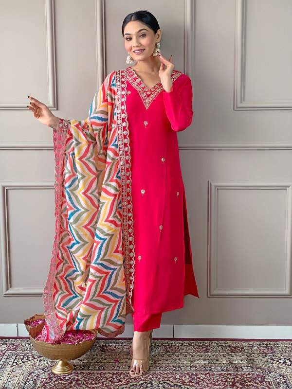 Colorful Duppata And V Neck Beautiful Kurta Set