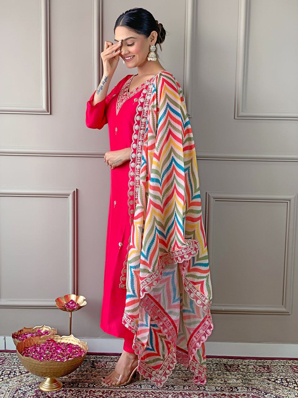 Colorful Duppata And V Neck Beautiful Kurta Set