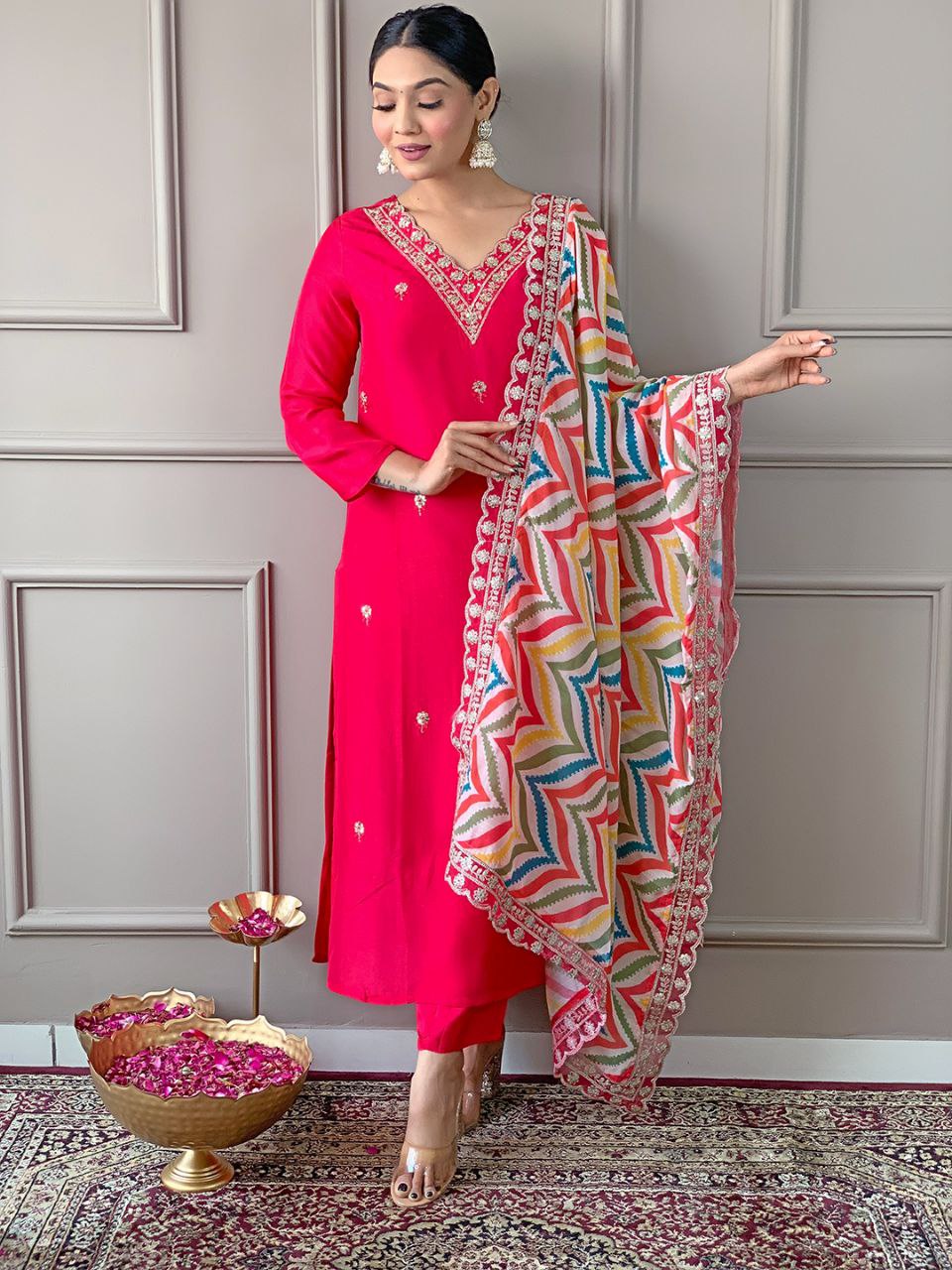 Colorful Duppata And V Neck Beautiful Kurta Set