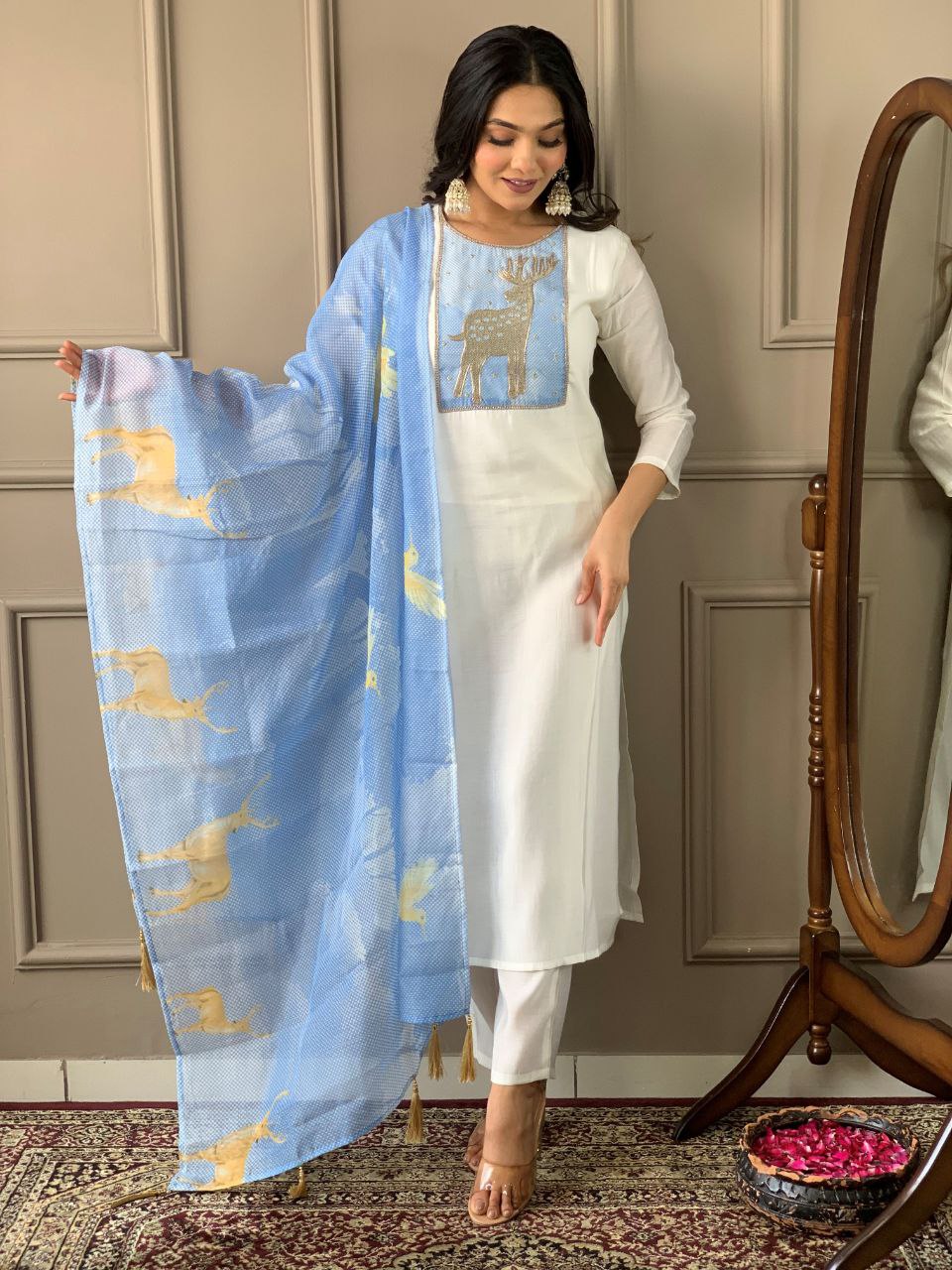 White And Sky Blue Most Elegant Design Kurta Set