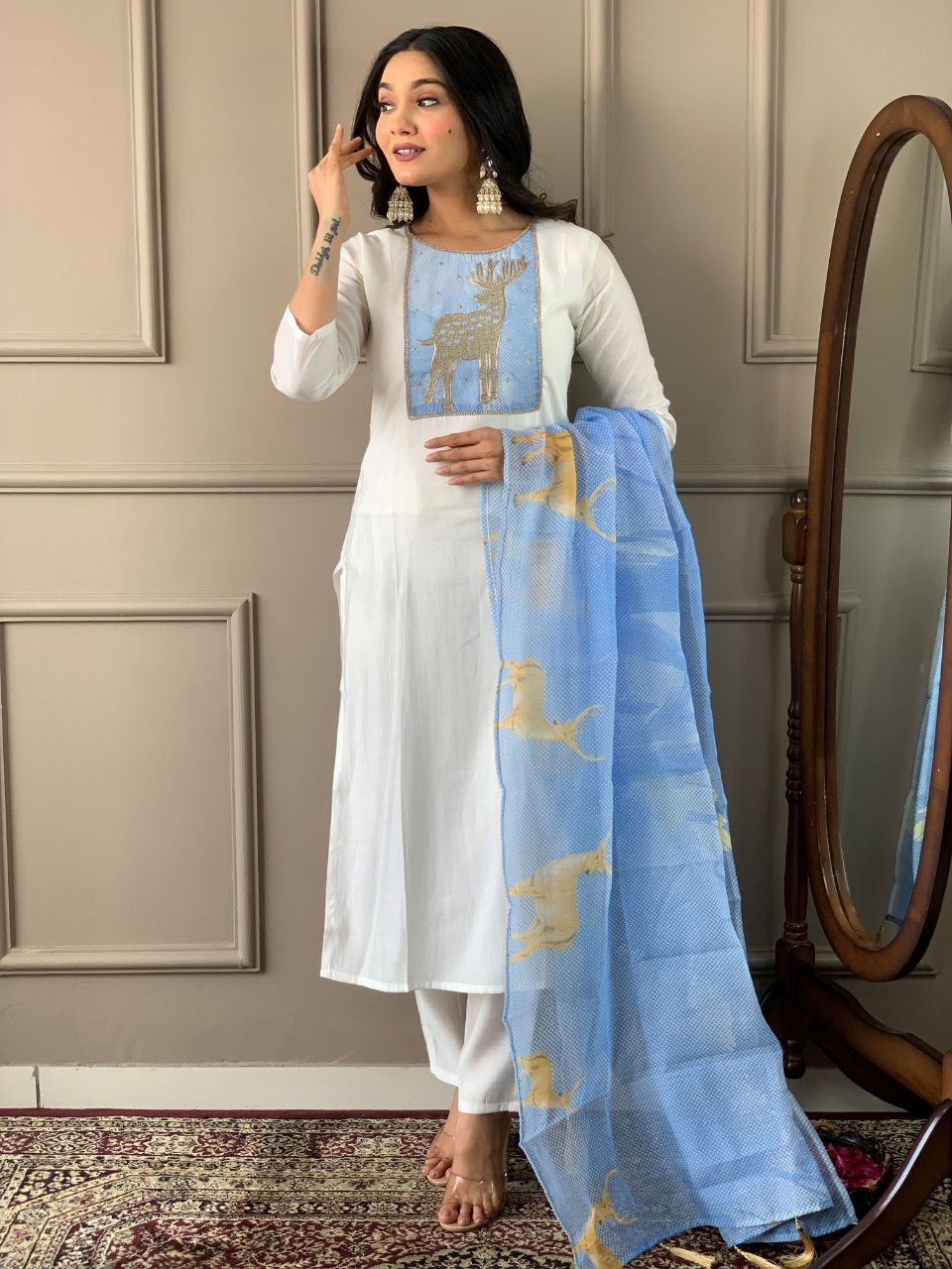 White And Sky Blue Most Elegant Design Kurta Set