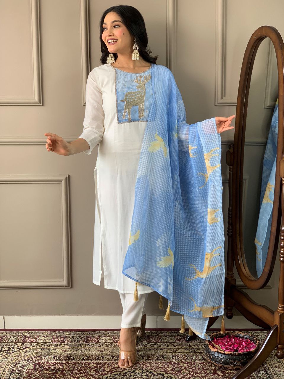 White And Sky Blue Most Elegant Design Kurta Set