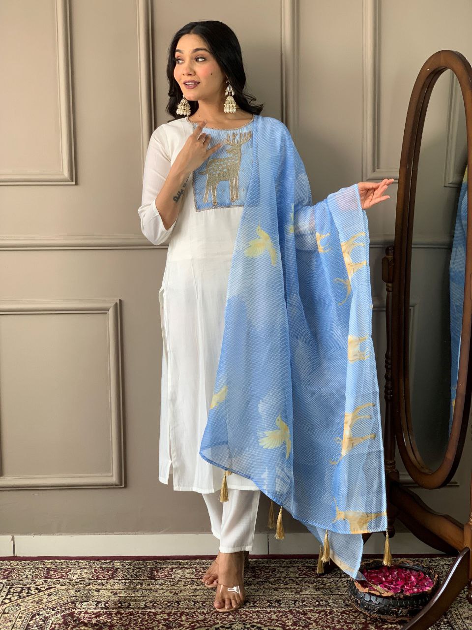 White And Sky Blue Most Elegant Design Kurta Set