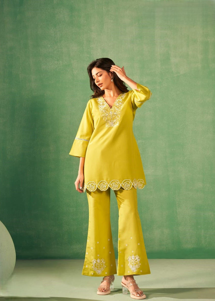 Abstract Yellow Moti Work Beautiful Co-ord Set